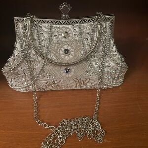 Elegant Silver Beaded & Sequined Evening Bag